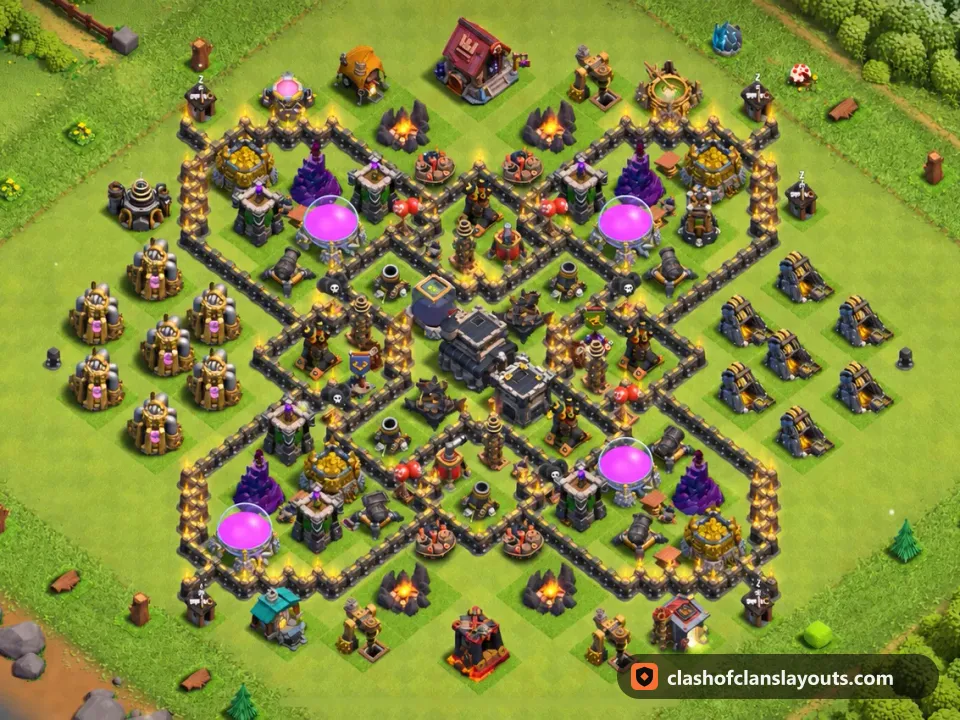 TH9 Trophy Base Layout 253: Clash of Clans Town Hall 9 trophy base layout, full base picture