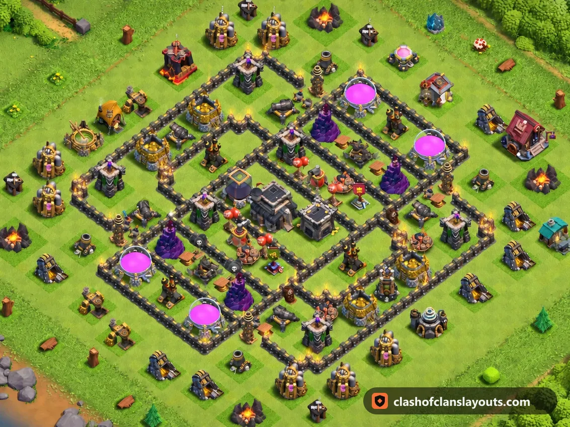 Trophäenbase TH9 255: Clash of Clans Trophäenbase für Rathaus 9, komplettes Bild der Base