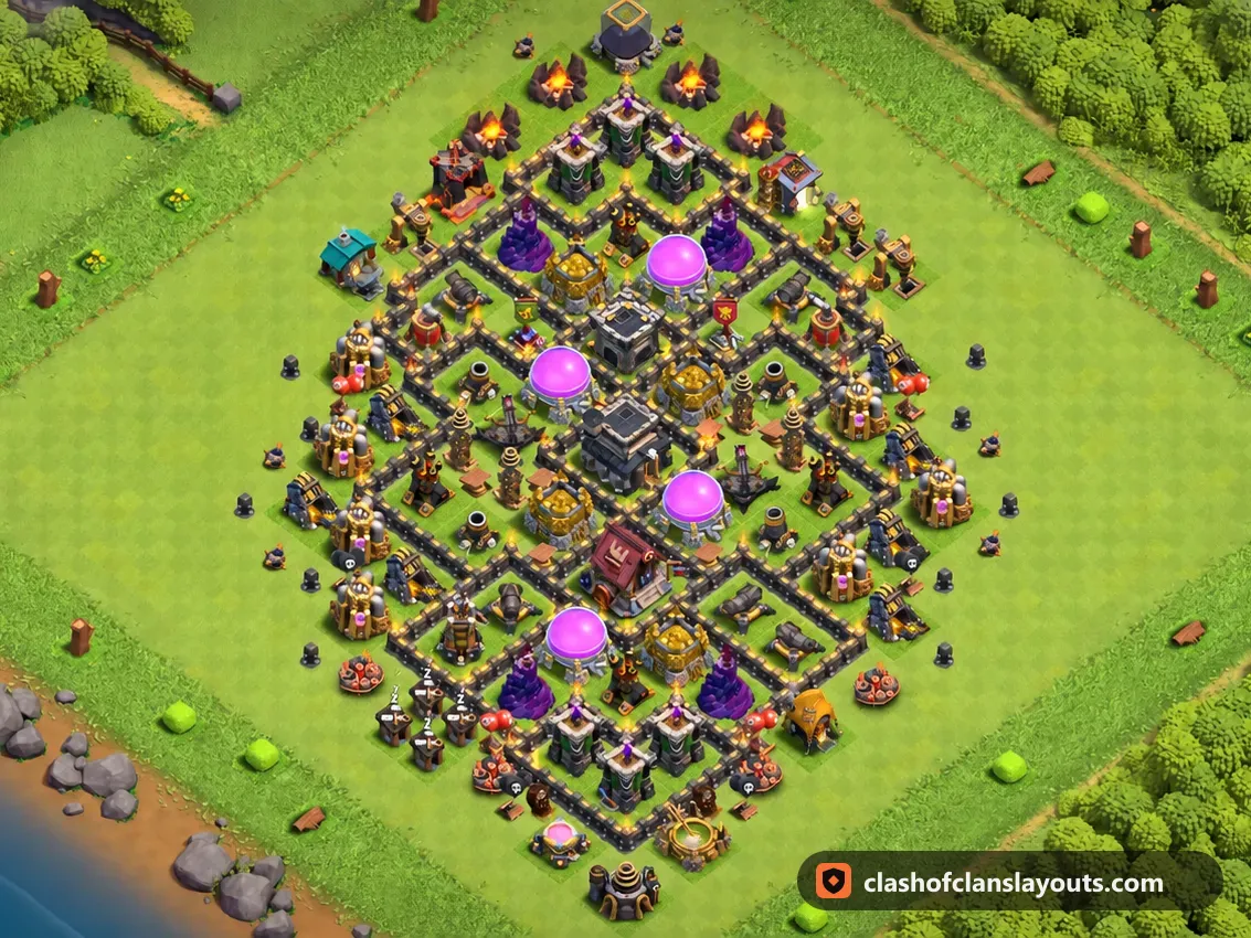 Base da Trofei TH9 256: layout base trofei per Municipio 9 di Clash of Clans, immagine completa della base