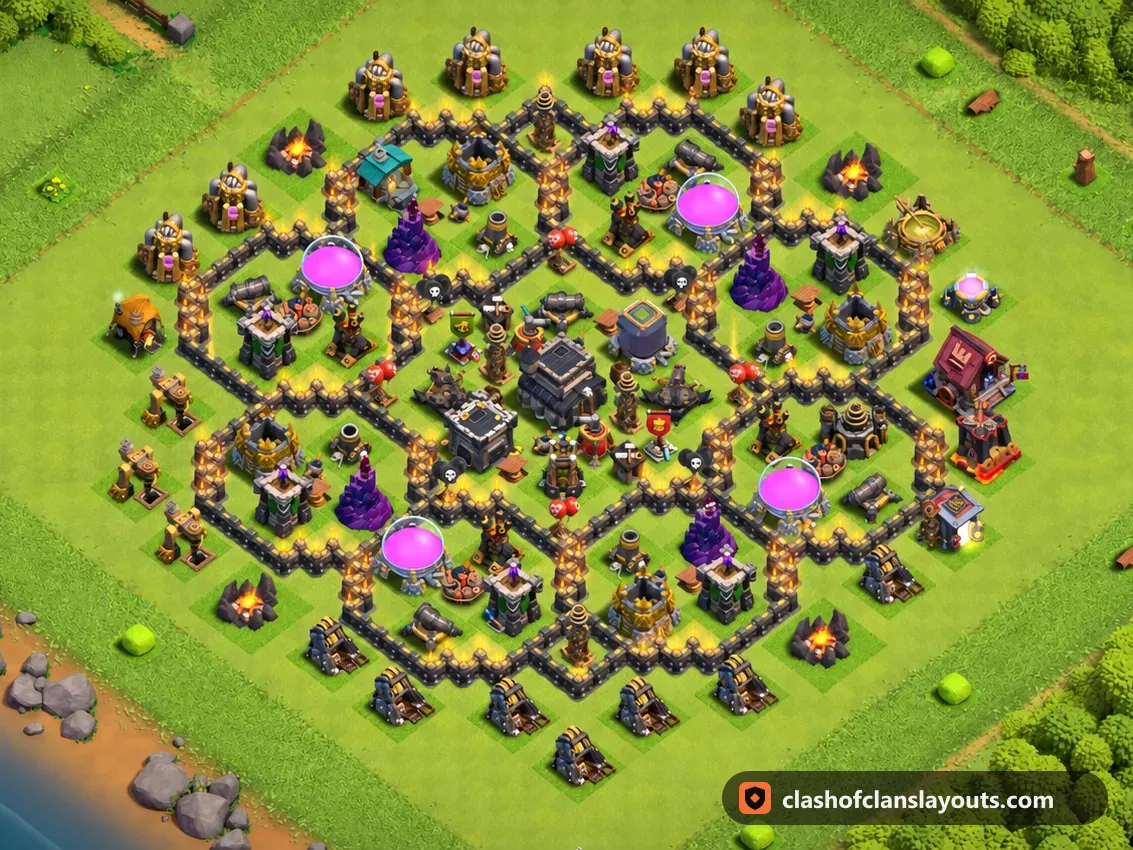 Base da Trofei TH9 257: layout base trofei per Municipio 9 di Clash of Clans, immagine completa della base