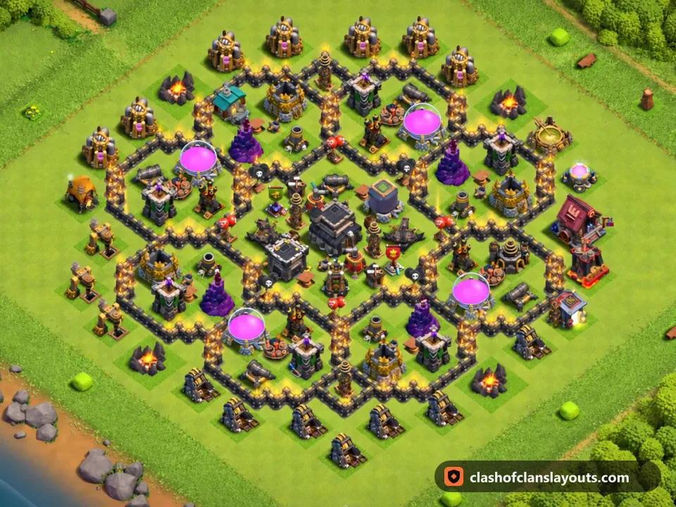 TH9 Trophy Base Layout 257: Clash of Clans Town Hall 9 trophy base layout, full base picture