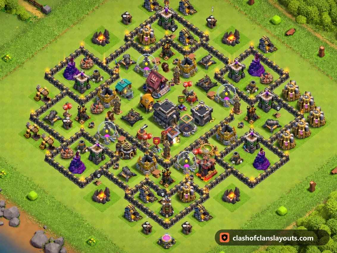 Trophäenbase TH9 259: Clash of Clans Trophäenbase für Rathaus 9, komplettes Bild der Base