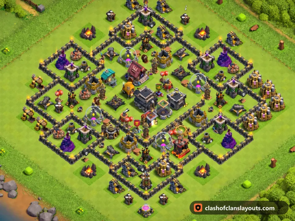 TH9 Trophy Base Layout 259: Clash of Clans Town Hall 9 trophy base layout, full base picture
