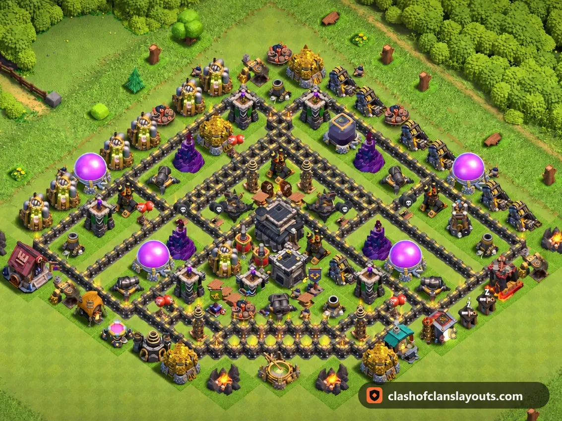 Base de Trophées TH9 261 : plan de base de trophées HDV 9 Clash of Clans, image complète de la base