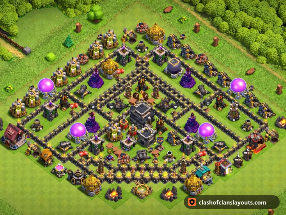 TH9 Trophy Base Layout 261: Clash of Clans Town Hall 9 trophy base layout, full base picture