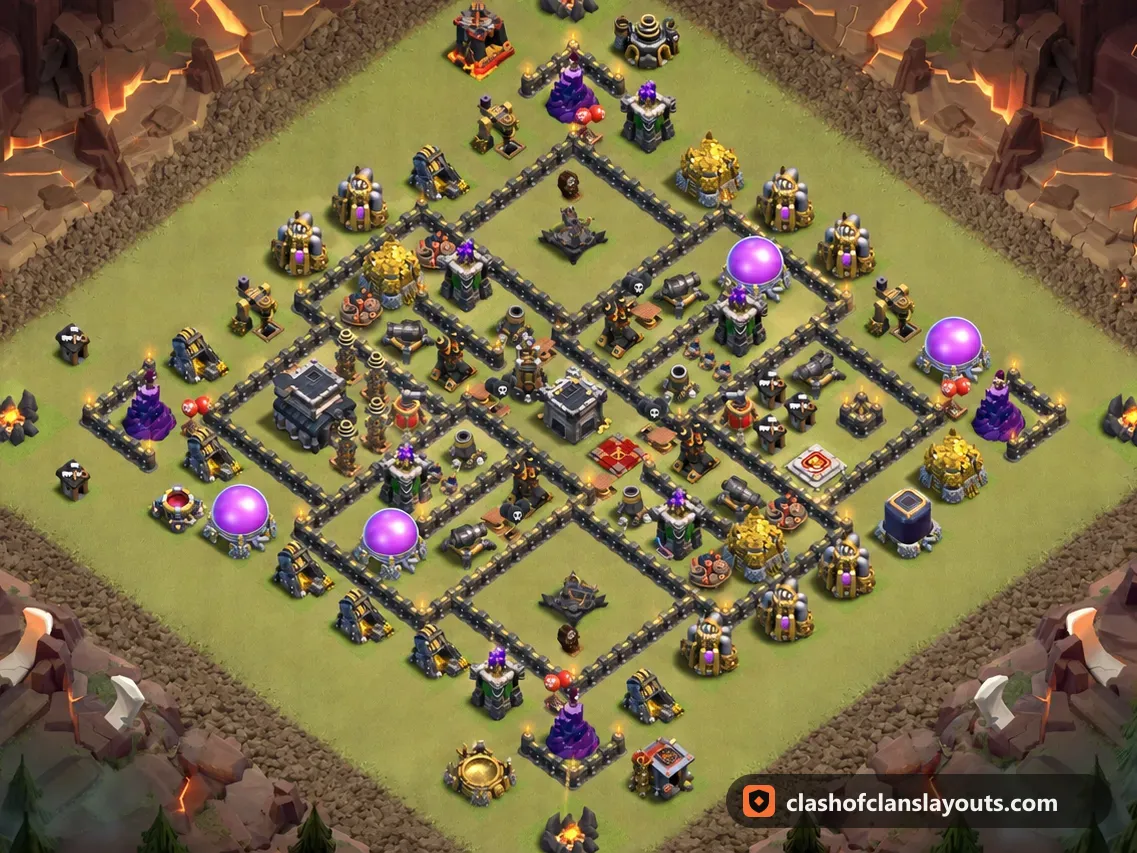 TH9 War Base Layout 106: Clash of Clans Town Hall 9 war base layout, full base picture