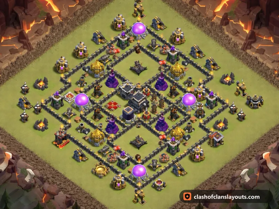 TH9 War Base Layout 107: Clash of Clans Town Hall 9 war base layout, full base picture