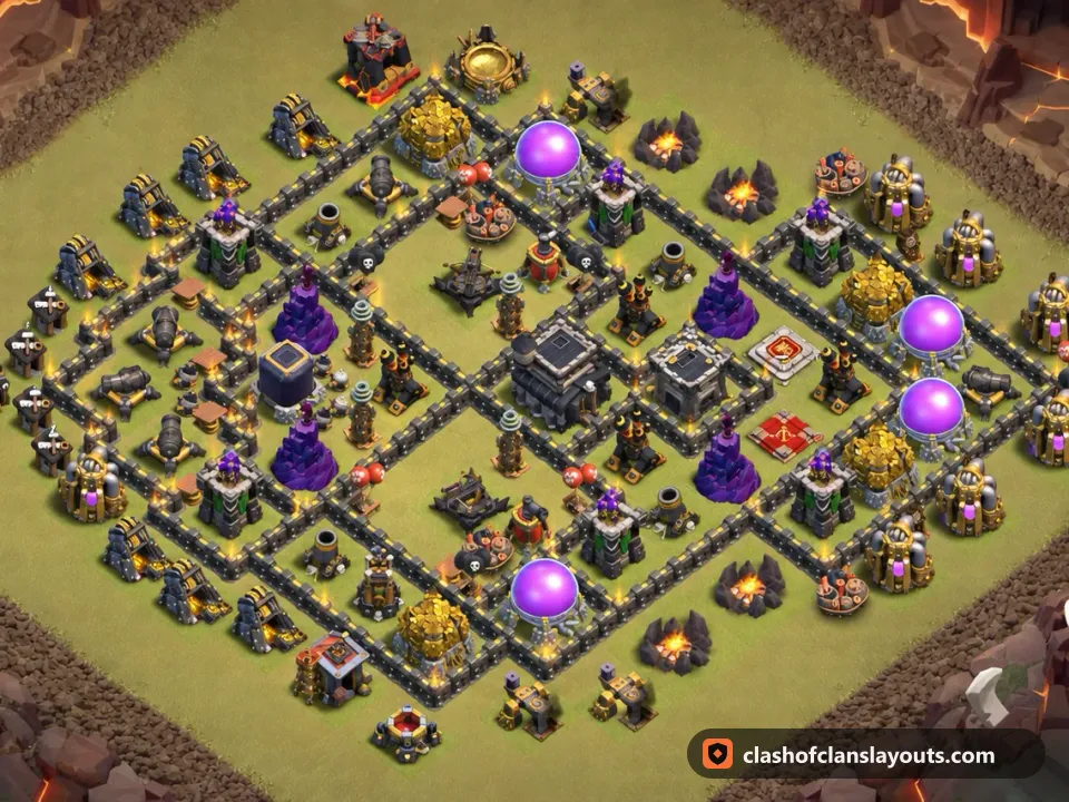 TH9 War Base Layout 108: Clash of Clans Town Hall 9 war base layout, full base picture