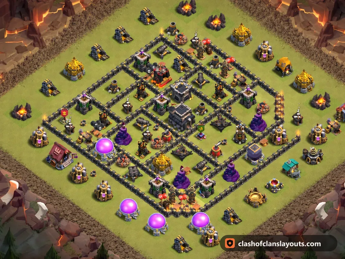 TH9 War Base Layout 110: Clash of Clans Town Hall 9 war base layout, full base picture