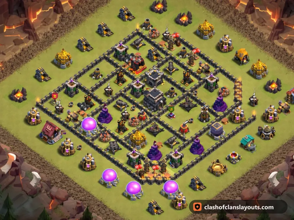 TH9 War Base Layout 110: Clash of Clans Town Hall 9 war base layout, full base picture