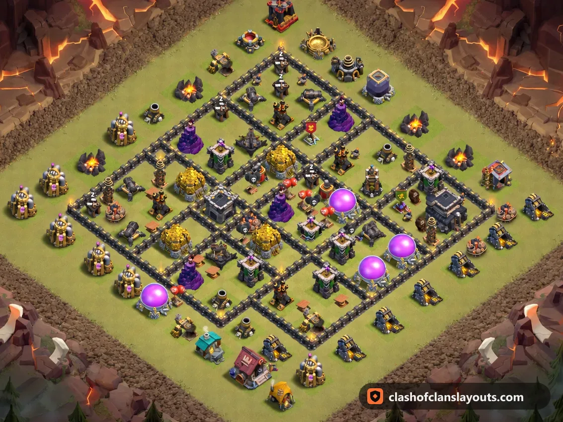 TH9 War Base Layout 111: Clash of Clans Town Hall 9 war base layout, full base picture