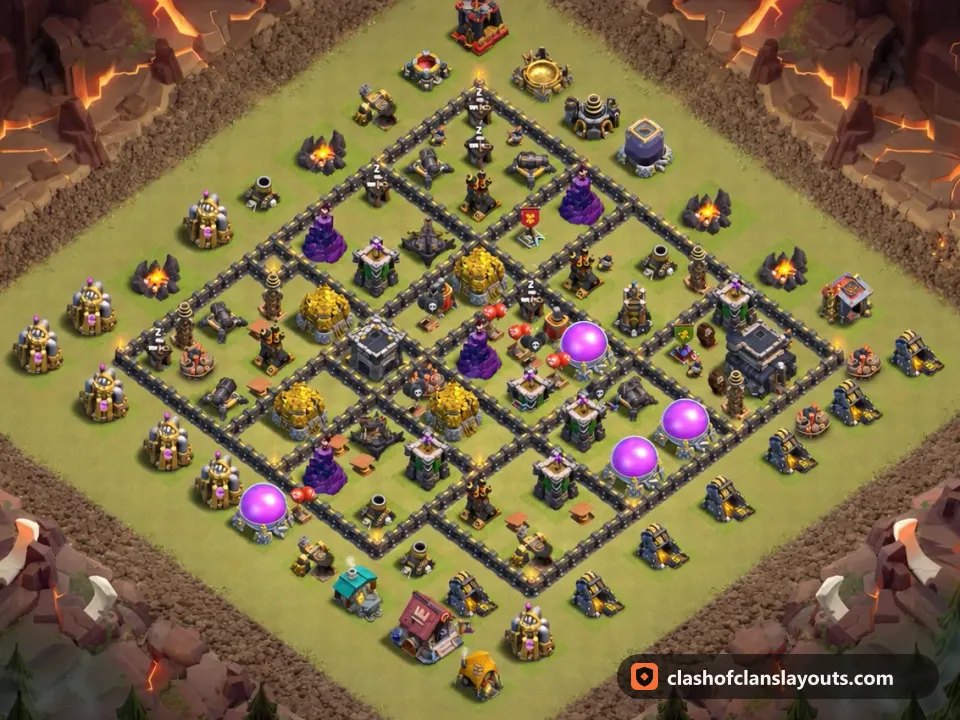 TH9 War Base Layout 111: Clash of Clans Town Hall 9 war base layout, full base picture
