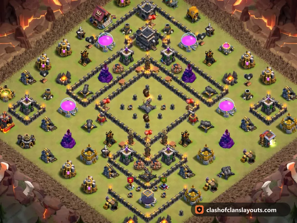 TH9 War Base Layout 115: Clash of Clans Town Hall 9 war base layout, full base picture