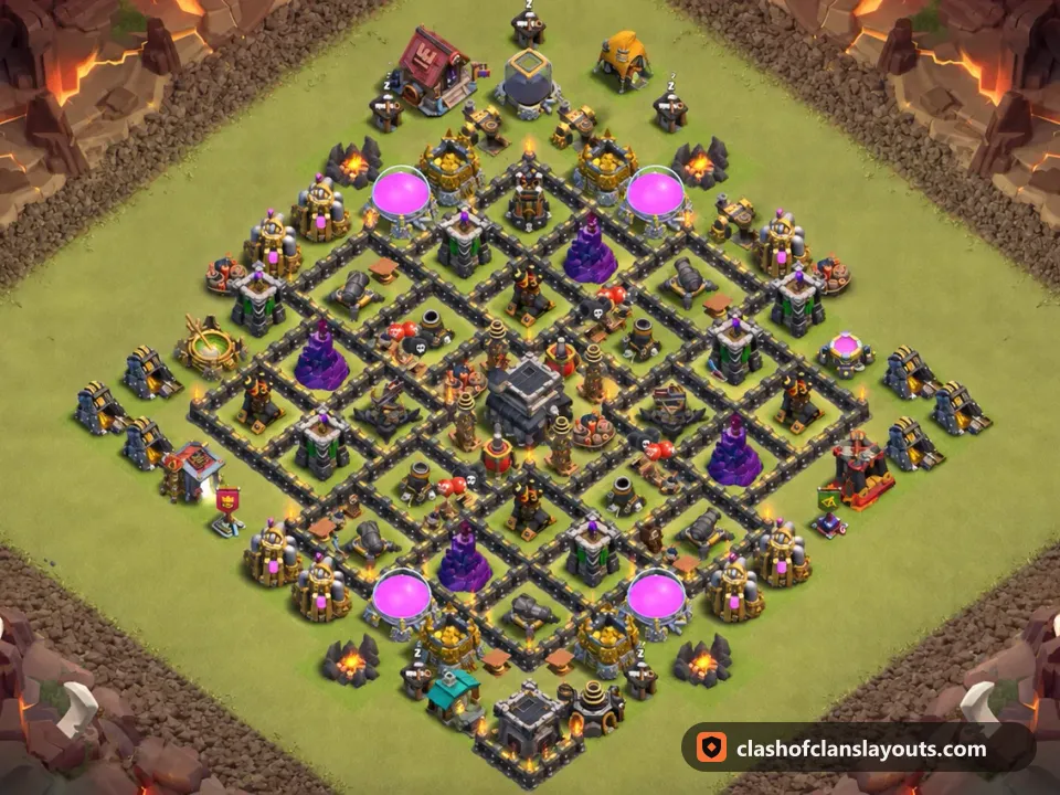 TH9 War Base Layout 117: Clash of Clans Town Hall 9 war base layout, full base picture
