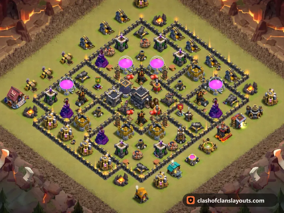 TH9 War Base Layout 118: Clash of Clans Town Hall 9 war base layout, full base picture