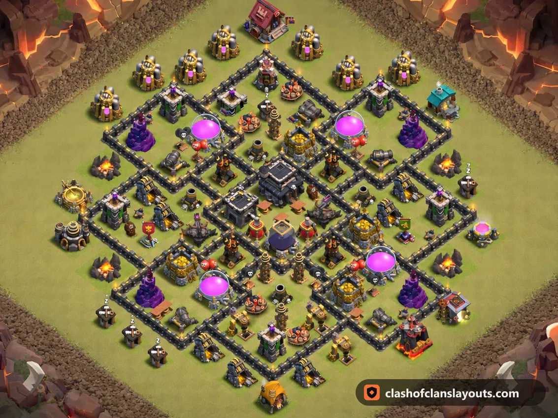 TH9 War Base Layout 121: Clash of Clans Town Hall 9 war base layout, full base picture