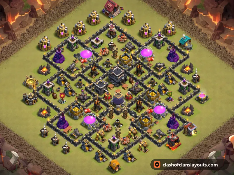TH9 War Base Layout 121: Clash of Clans Town Hall 9 war base layout, full base picture