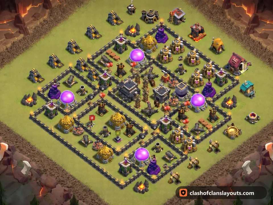 TH9 War Base Layout 122: Clash of Clans Town Hall 9 war base layout, full base picture