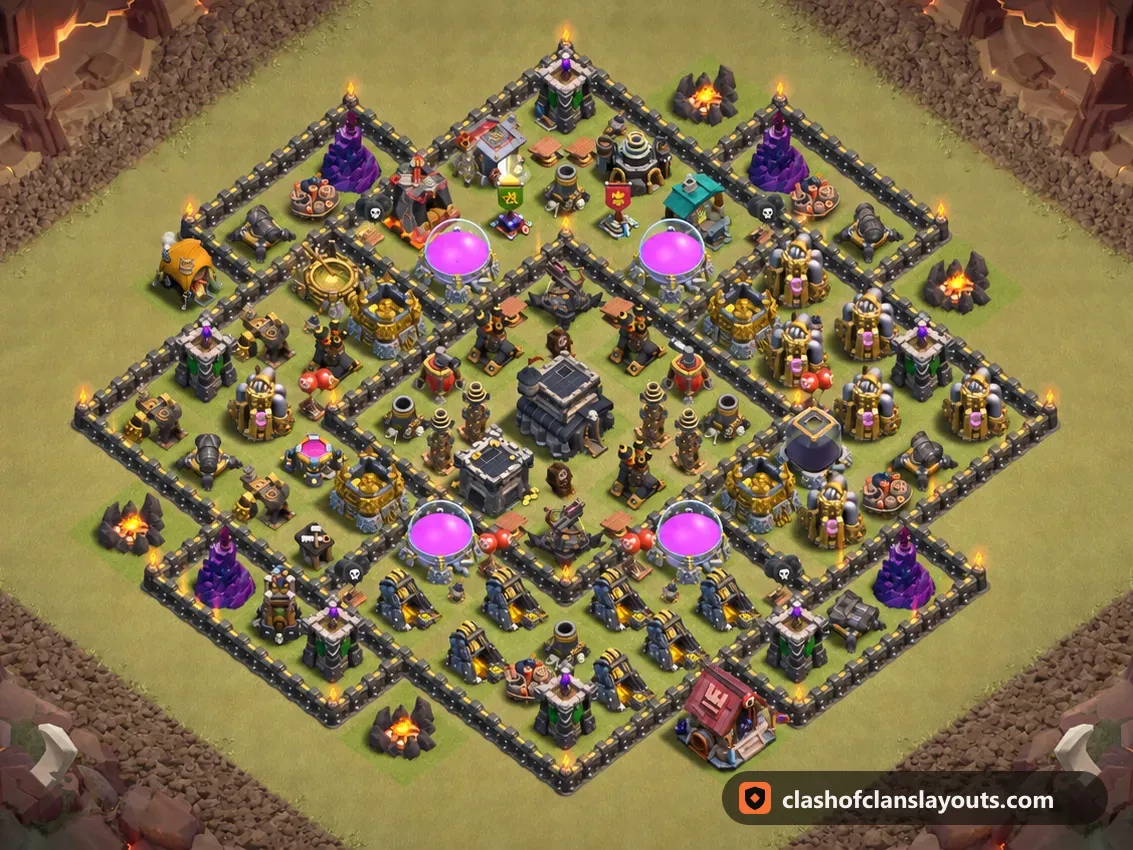 TH9 War Base Layout 123: Clash of Clans Town Hall 9 war base layout, full base picture