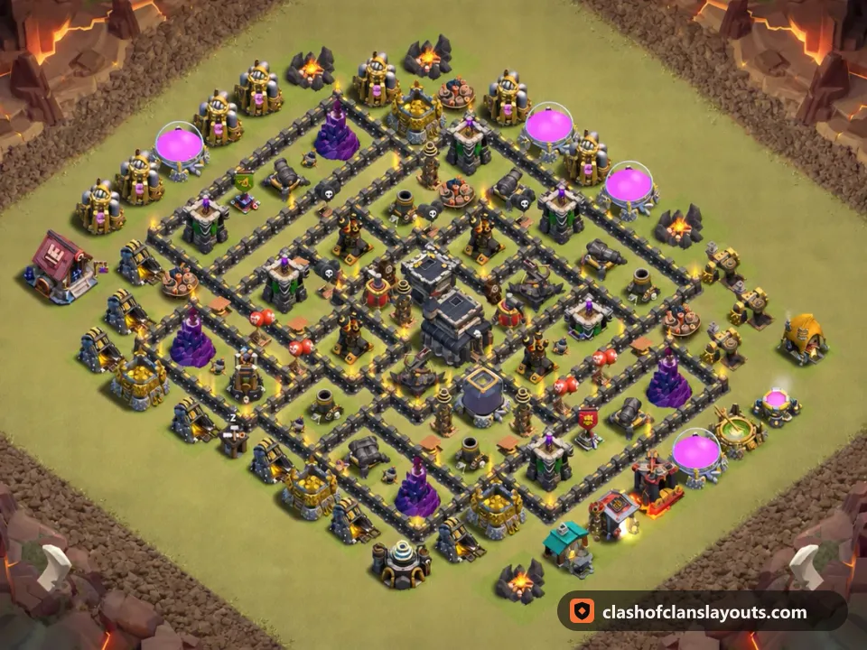 TH9 War Base Layout 124: Clash of Clans Town Hall 9 war base layout, full base picture