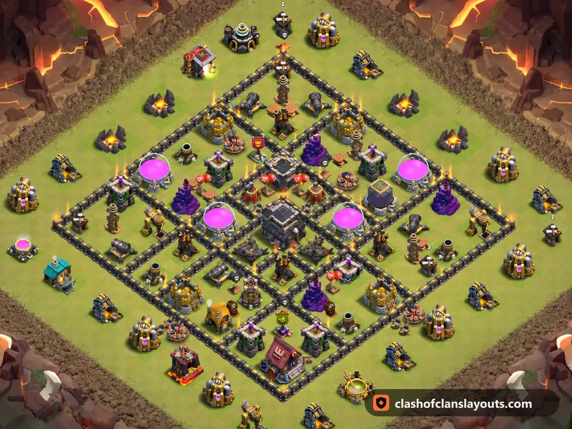 TH9 War Base Layout 127: Clash of Clans Town Hall 9 war base layout, full base picture