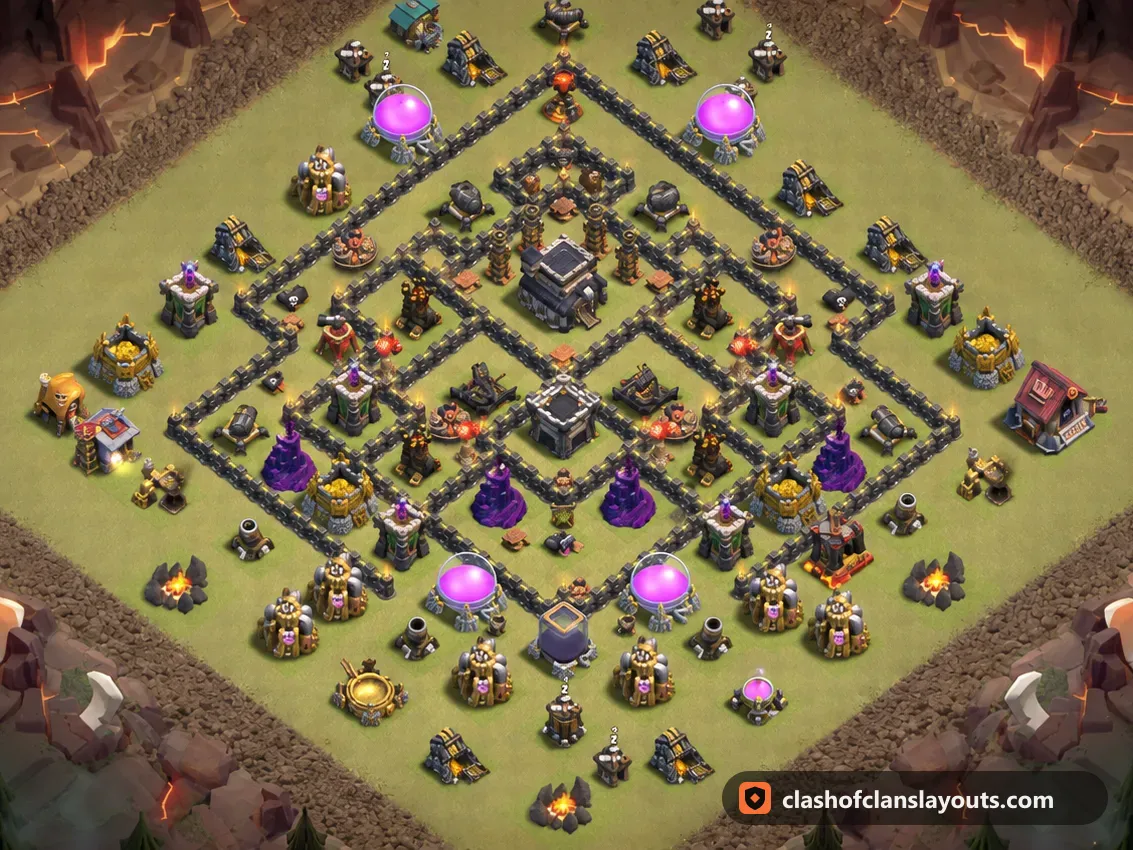 TH9 War Base Layout 128: Clash of Clans Town Hall 9 war base layout, full base picture