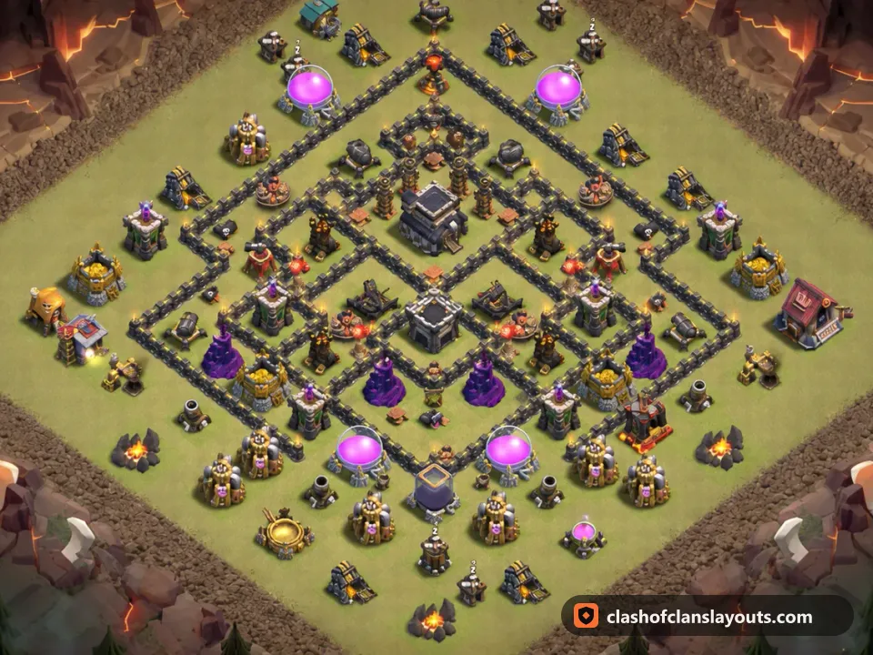 TH9 War Base Layout 128: Clash of Clans Town Hall 9 war base layout, full base picture