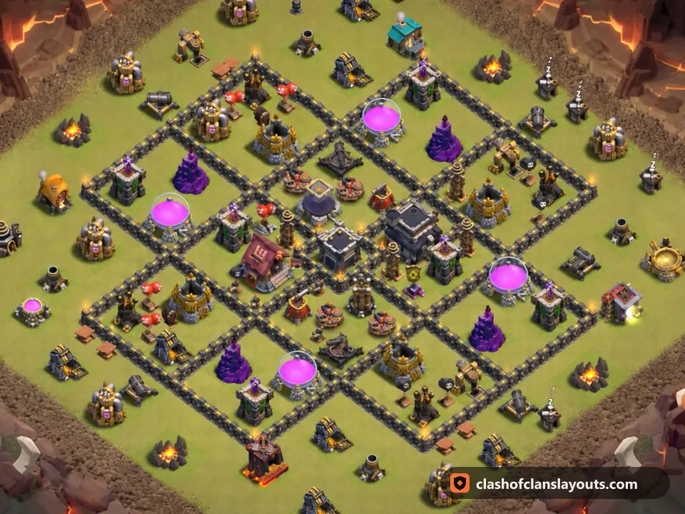TH9 War Base Layout 129: Clash of Clans Town Hall 9 war base layout, full base picture